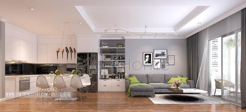Tủ bếp chữ L được thiết kế hợp lí với phần bếp nấu và khu vực xơ chế rửa thực phẩm, thuận tiện hơn trong quá trình nấu nướng, dọn dẹp Thiết kế chung cư