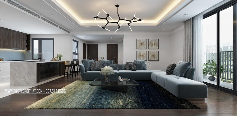 Chiếc sofa nỉ chữ L màu xanh là điểm nhấn nổi bật của căn phòng, đặc biệt gam màu này tạo sự mới lạ cho căn phòng Thiết kế chung cư