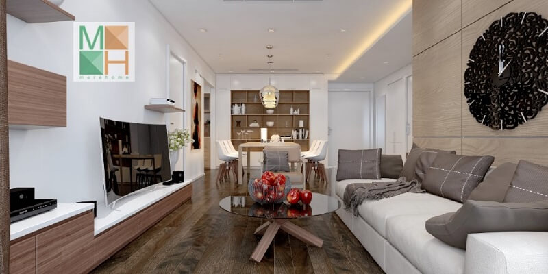Trang trí phòng khách chung cư hiện đại với đồ nội thất nhỏ gọn tiện nghi: đồng hồ treo tường độc đáo, kệ ti vi, bộ sofa màu trắng Gợi ý các mẫu thiết kế phòng khách ưa chuộng nhất hiện nay