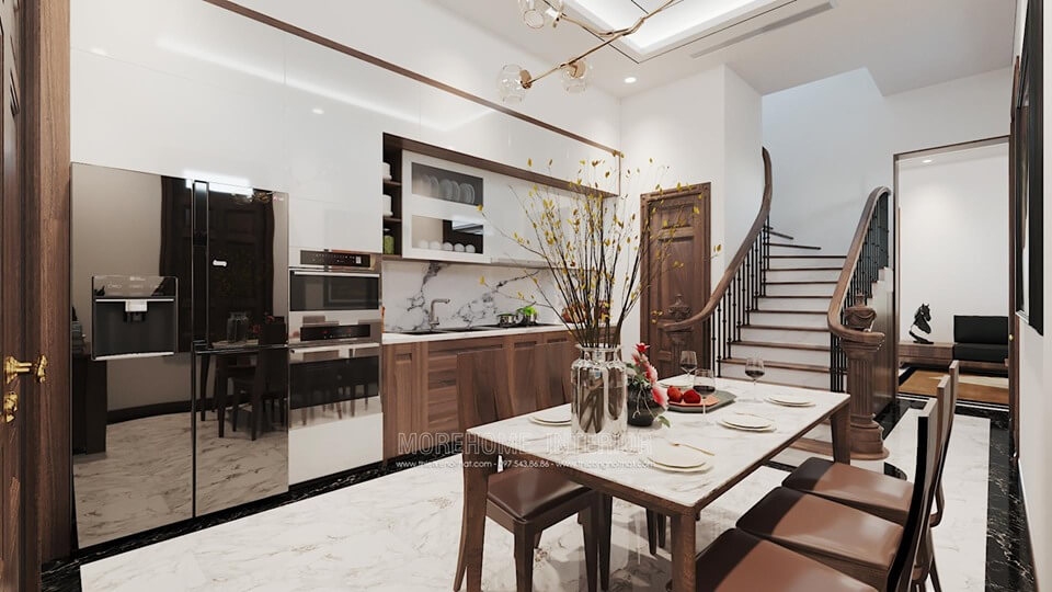 Thiết kế phòng ăn liền bếp phong cách hiện đại với nội thất gỗ óc chó cao cấp mang lại không gian ấm cúng, thân thiện cho người nội trợ Thiết kế nội thất phòng bếp