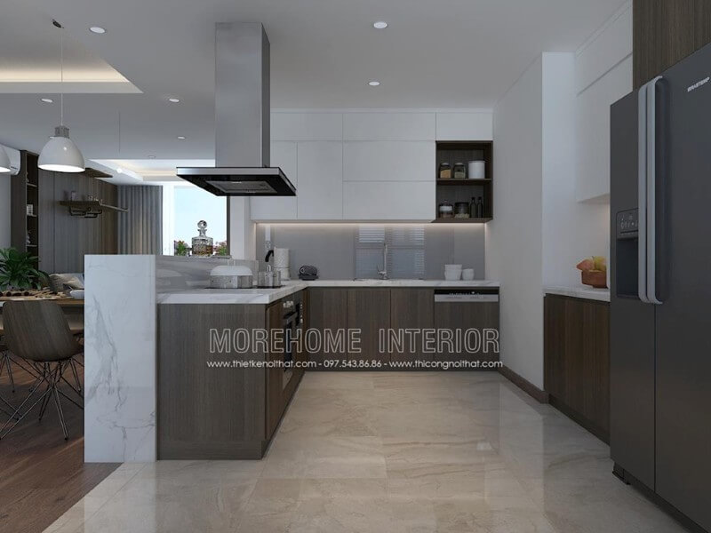 Thiết kế nội thất phòng bếp chung cư với đồ nội thất bố trí khoa học tiện dụng Thiết kế nội thất phòng bếp