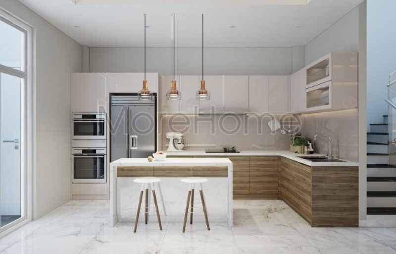 Thiết kế phòng bếp hiện đại với nội thất gỗ công nghiệp đẹp độc đáo trong không gian ấm cúng của gia đình Thiết kế nội thất phòng bếp