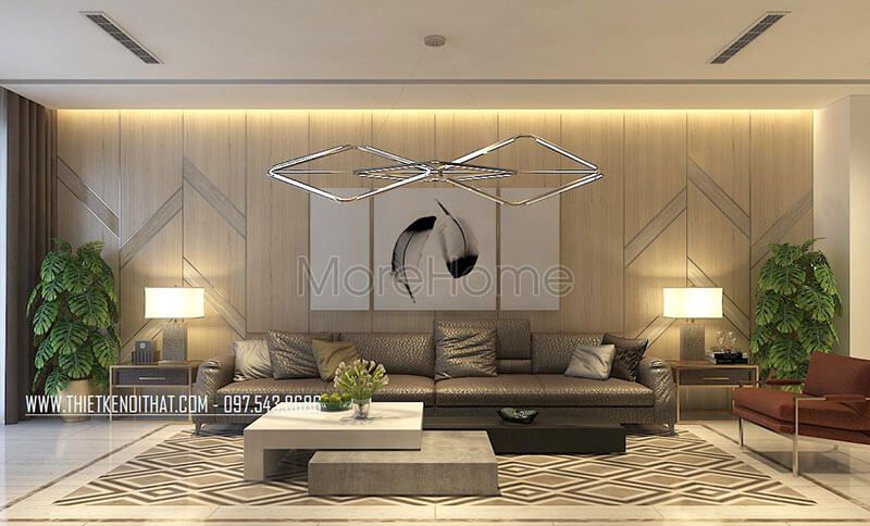 Thiết kế phòng khách hiện đại khi KTS lựa chọn gỗ ốp tường màu sáng nổi bật cả căn phòng