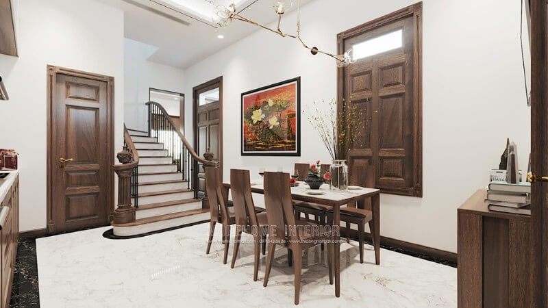 Thiết kế nội thất phòng ăn gỗ óc chó tại biệt thự Đông Anh Hà Nội phong cách hiện đại
