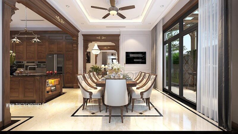 Mẫu bàn ghế ăn gỗ óc chó đẹp tại biệt thự Vinhomes Greenbay Hà Nội