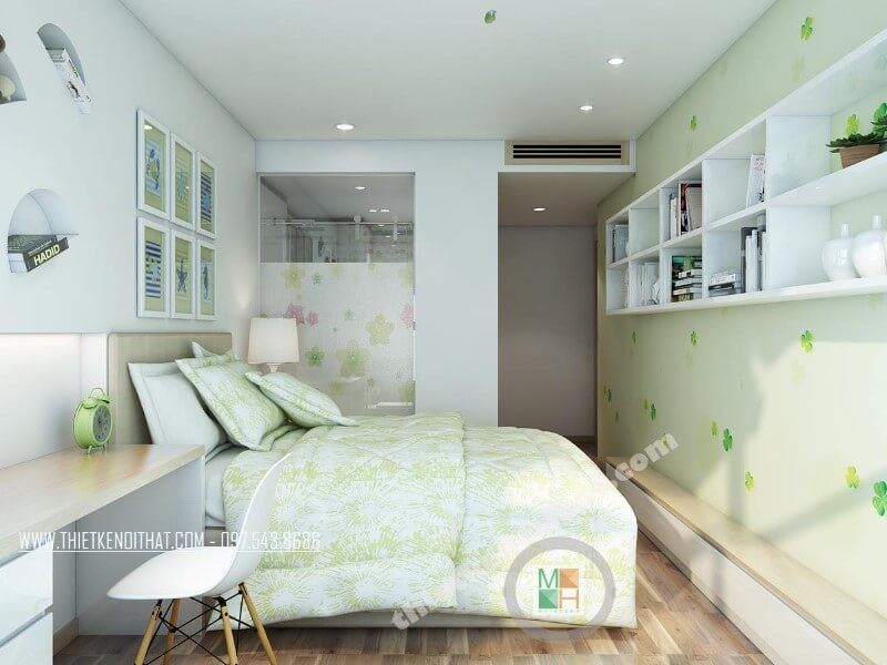 Thiết kế nội thất phòng ngủ trẻ em đẹp cho căn hộ chung cứ với cách sắp xếp nội thất hợp lí có kệ sách treo trang trí mang đến không giạn phòng ngủ lí tưởng
