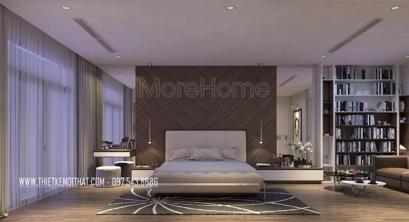 Tủ kệ sách phòng ngủ được thiết kế với nhiều ngăn giúp gia chủ có thể phân loại dễ dàng kiến thức của mình